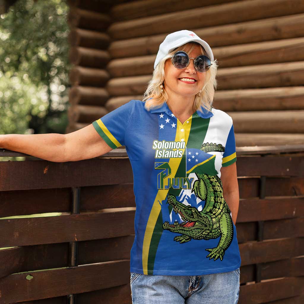 Solomon Islands Independence Day Women Polo Shirt Happy 7 July Crocodile Flag Style