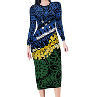 Halo Olaketa Solomon Islands Tapa Pattern Family Matching Long Sleeve Bodycon Dress and Hawaiian Shirt LT14 Mom's Dress Blue - Polynesian Pride