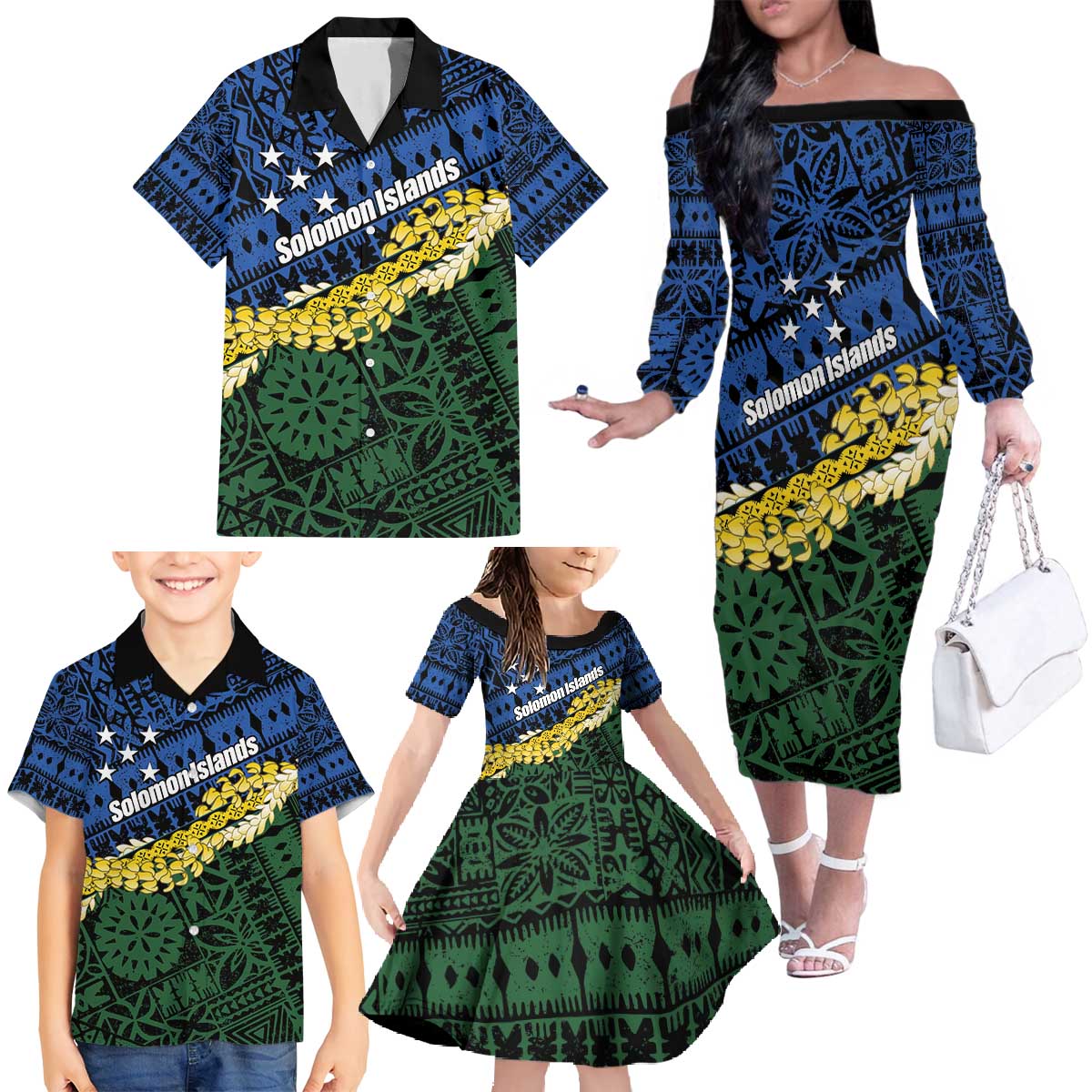 Halo Olaketa Solomon Islands Tapa Pattern Family Matching Off The Shoulder Long Sleeve Dress and Hawaiian Shirt LT14 - Polynesian Pride