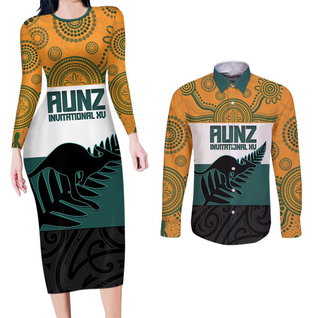 AUNZ Rugby Custom Couples Matching Long Sleeve Bodycon Dress and Long Sleeve Button Shirt Australia Kangaroo New Zealand Silver Fern LT14 Yellow - Polynesian Pride