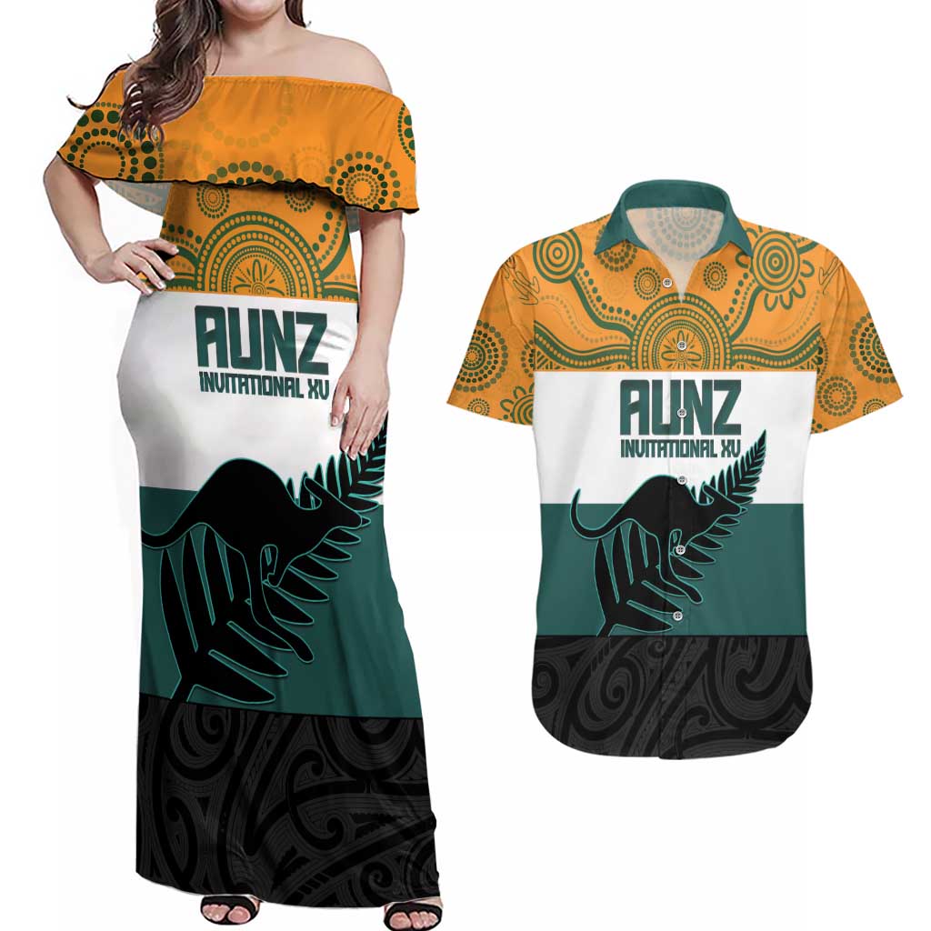 AUNZ Rugby Custom Couples Matching Off Shoulder Maxi Dress and Hawaiian Shirt Australia Kangaroo New Zealand Silver Fern LT14 Yellow - Polynesian Pride
