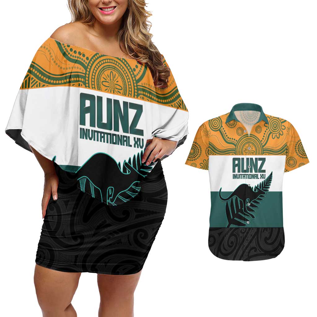 AUNZ Rugby Custom Couples Matching Off Shoulder Short Dress and Hawaiian Shirt Australia Kangaroo New Zealand Silver Fern LT14 Yellow - Polynesian Pride