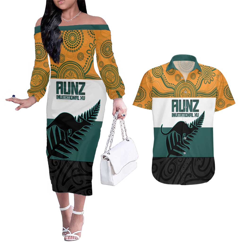 AUNZ Rugby Custom Couples Matching Off The Shoulder Long Sleeve Dress and Hawaiian Shirt Australia Kangaroo New Zealand Silver Fern LT14 Yellow - Polynesian Pride