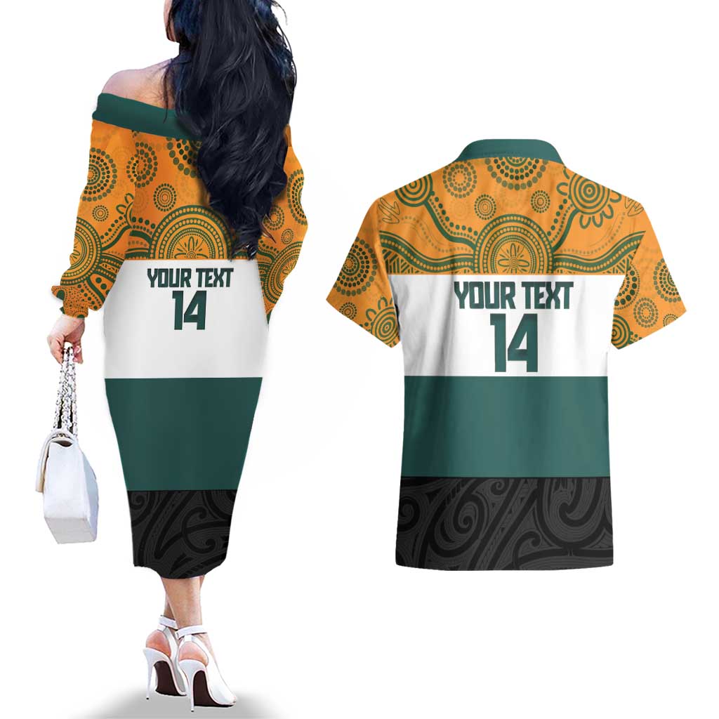 AUNZ Rugby Custom Couples Matching Off The Shoulder Long Sleeve Dress and Hawaiian Shirt Australia Kangaroo New Zealand Silver Fern LT14 - Polynesian Pride