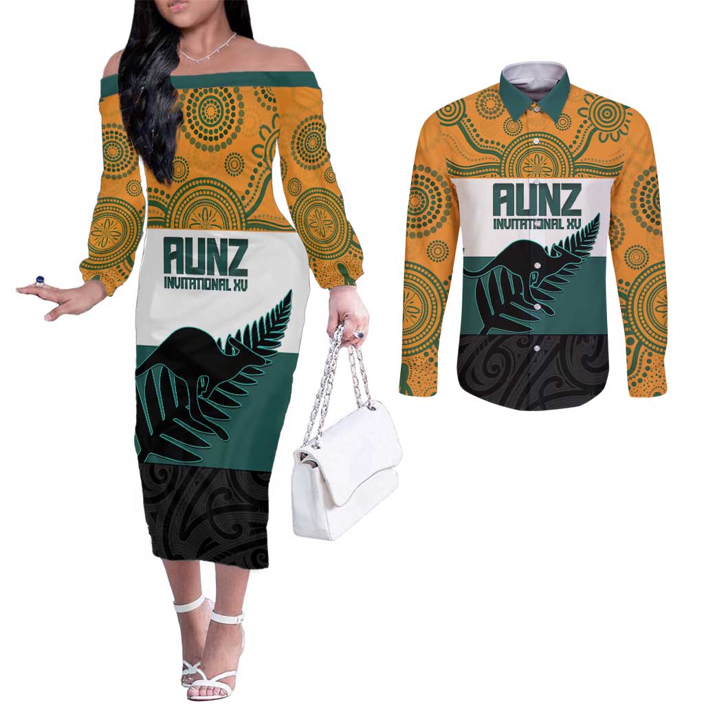 AUNZ Rugby Custom Couples Matching Off The Shoulder Long Sleeve Dress and Long Sleeve Button Shirt Australia Kangaroo New Zealand Silver Fern - Polynesian Pride