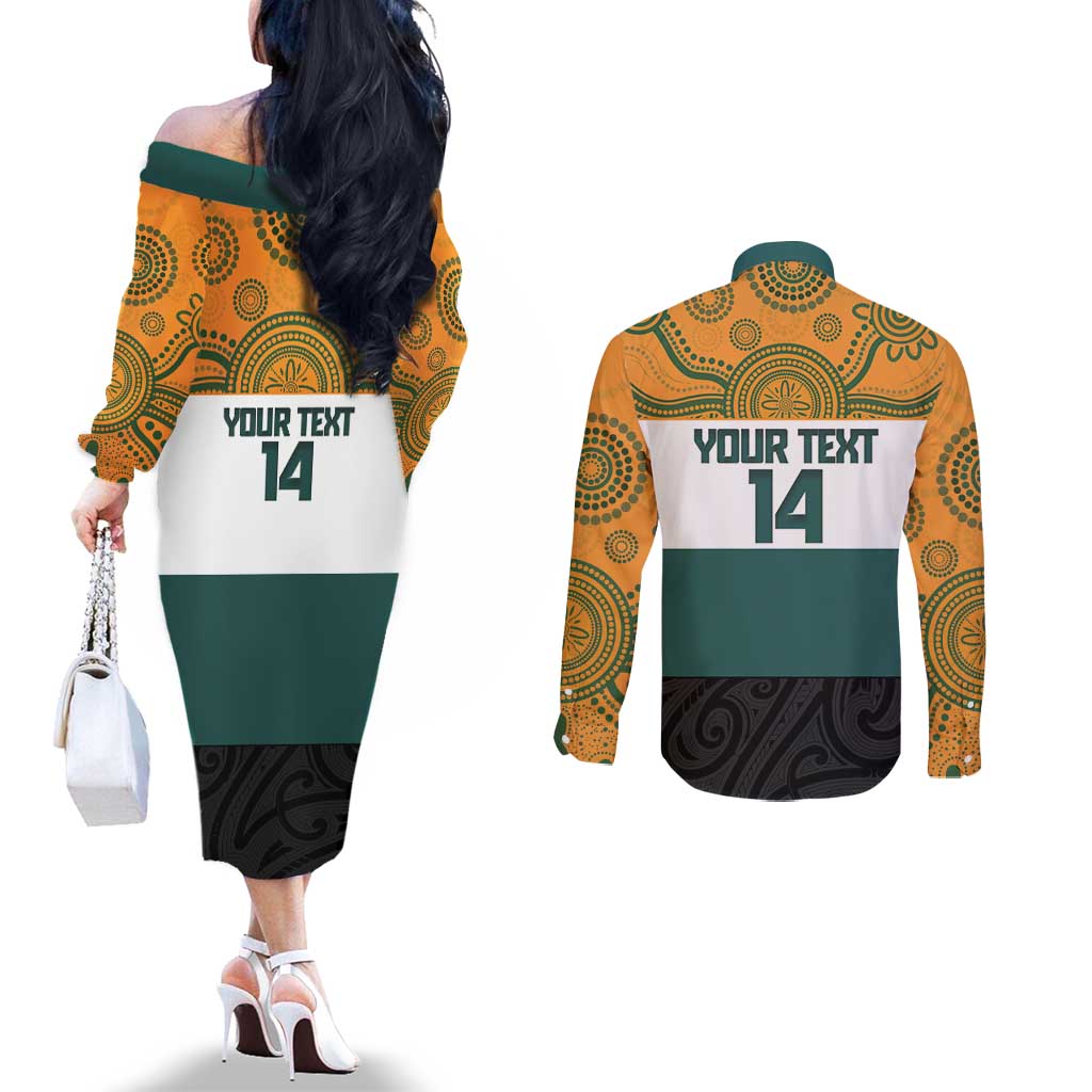 AUNZ Rugby Custom Couples Matching Off The Shoulder Long Sleeve Dress and Long Sleeve Button Shirt Australia Kangaroo New Zealand Silver Fern LT14 - Polynesian Pride