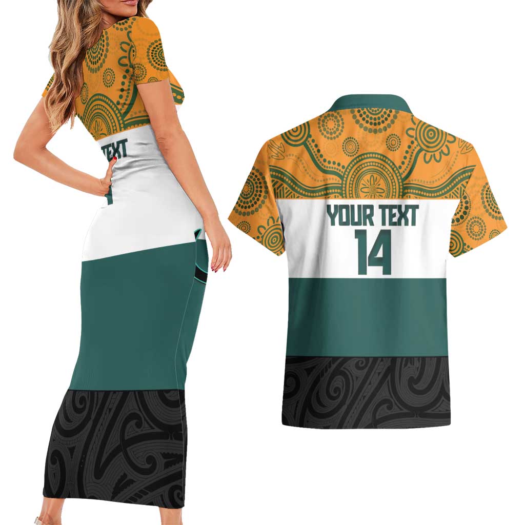 AUNZ Rugby Custom Couples Matching Short Sleeve Bodycon Dress and Hawaiian Shirt Australia Kangaroo New Zealand Silver Fern LT14 - Polynesian Pride