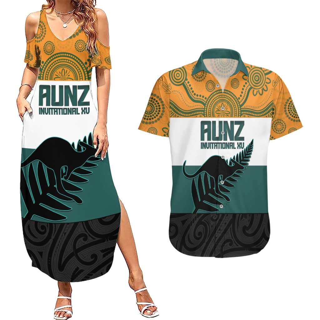 AUNZ Rugby Custom Couples Matching Summer Maxi Dress and Hawaiian Shirt Australia Kangaroo New Zealand Silver Fern LT14 Yellow - Polynesian Pride