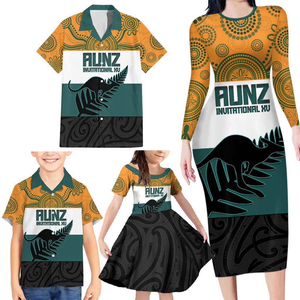 AUNZ Rugby Custom Family Matching Long Sleeve Bodycon Dress and Hawaiian Shirt Australia Kangaroo New Zealand Silver Fern LT14 - Polynesian Pride