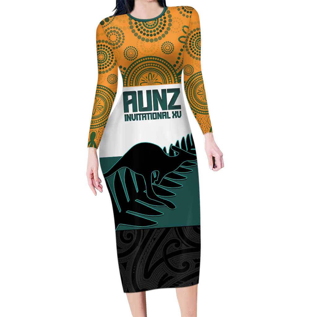 AUNZ Rugby Custom Family Matching Long Sleeve Bodycon Dress and Hawaiian Shirt Australia Kangaroo New Zealand Silver Fern LT14 Mom's Dress Yellow - Polynesian Pride