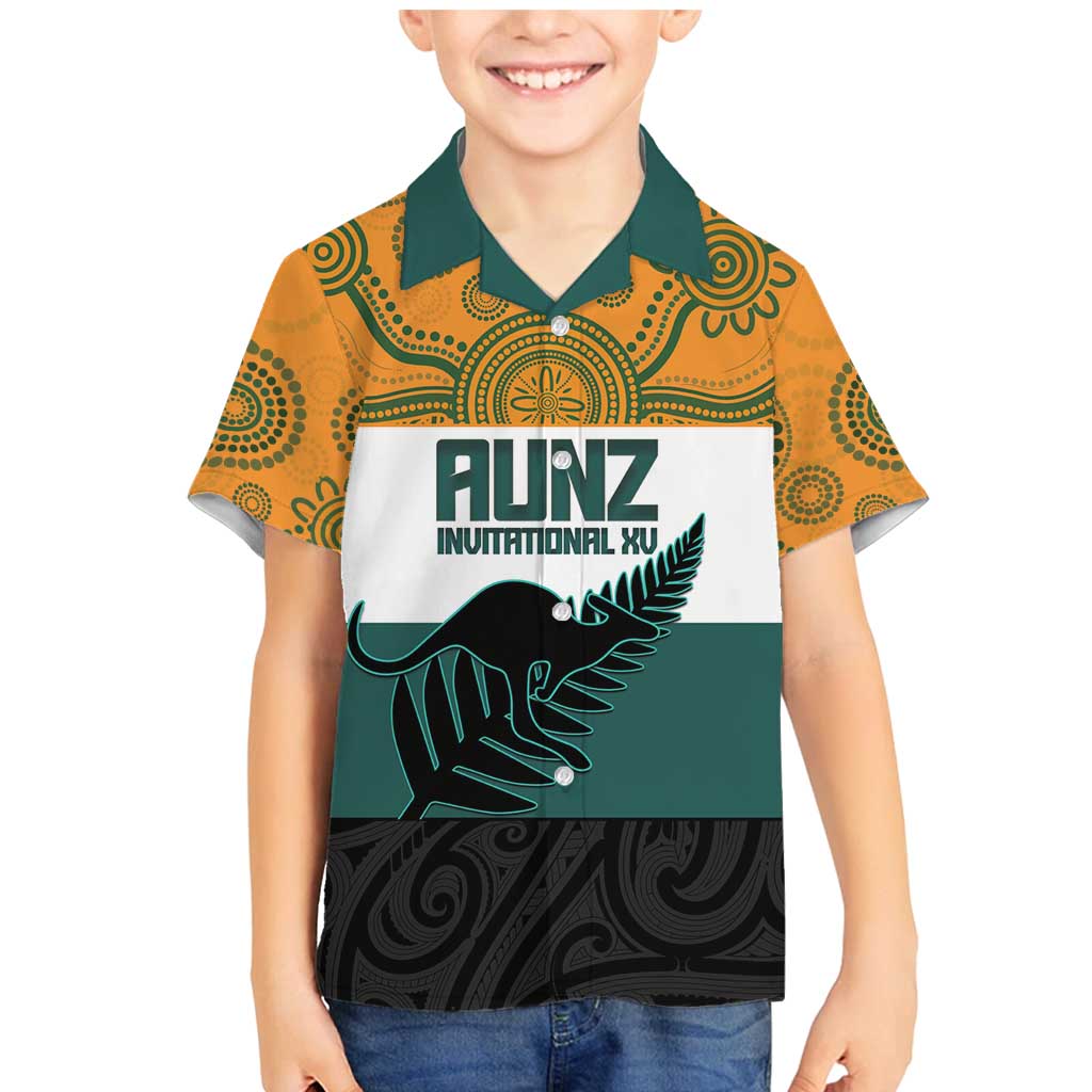 AUNZ Rugby Custom Family Matching Mermaid Dress and Hawaiian Shirt Australia Kangaroo New Zealand Silver Fern LT14 Son's Shirt Yellow - Polynesian Pride