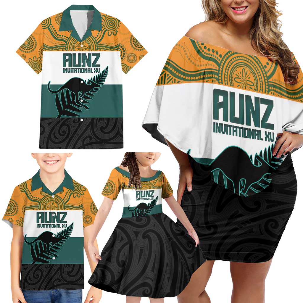 AUNZ Rugby Custom Family Matching Off Shoulder Short Dress and Hawaiian Shirt Australia Kangaroo New Zealand Silver Fern LT14 - Polynesian Pride