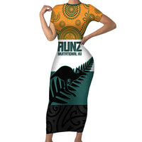 AUNZ Rugby Custom Family Matching Short Sleeve Bodycon Dress and Hawaiian Shirt Australia Kangaroo New Zealand Silver Fern LT14 Mom's Dress Yellow - Polynesian Pride