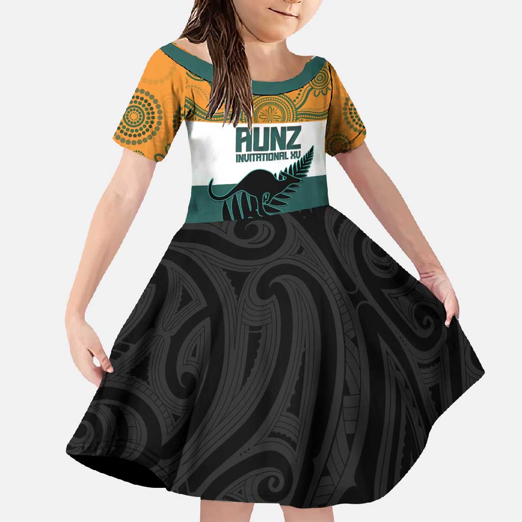 AUNZ Rugby Custom Family Matching Tank Maxi Dress and Hawaiian Shirt Australia Kangaroo New Zealand Silver Fern LT14 Daughter's Dress Yellow - Polynesian Pride