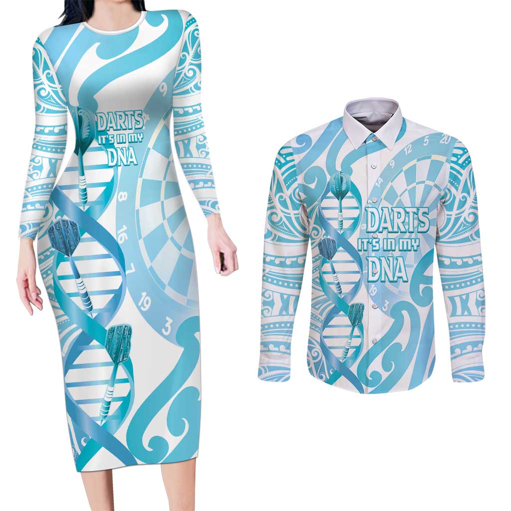 Personalised New Zealand Darts Couples Matching Long Sleeve Bodycon Dress and Long Sleeve Button Shirt Aotearoa Maori Its In My DNA White LT14 White - Polynesian Pride