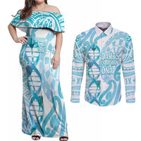 Personalised New Zealand Darts Couples Matching Off Shoulder Maxi Dress and Long Sleeve Button Shirt Aotearoa Maori Its In My DNA White LT14 White - Polynesian Pride