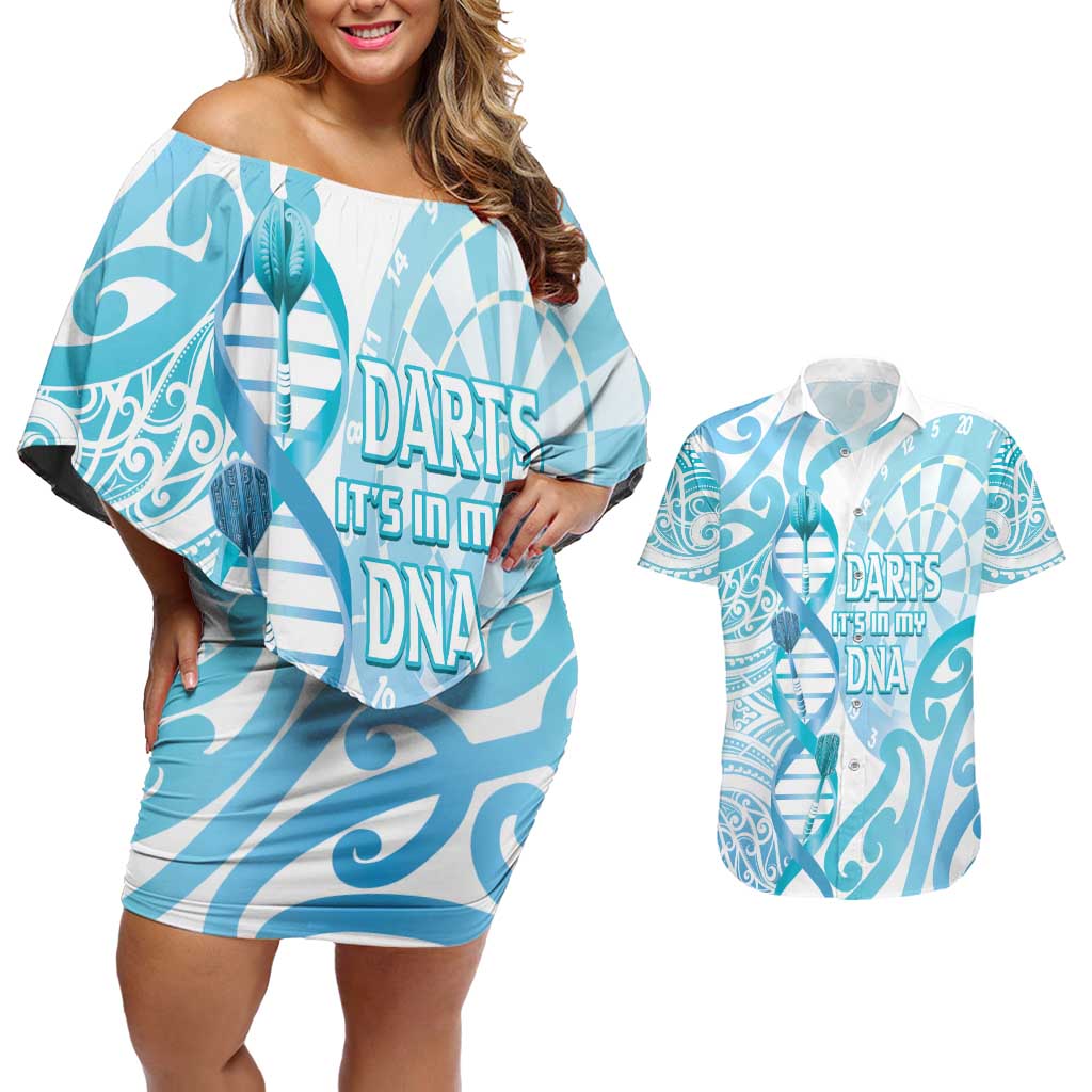 Personalised New Zealand Darts Couples Matching Off Shoulder Short Dress and Hawaiian Shirt Aotearoa Maori Its In My DNA White LT14 White - Polynesian Pride