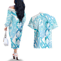 Personalised New Zealand Darts Couples Matching Off The Shoulder Long Sleeve Dress and Hawaiian Shirt Aotearoa Maori Its In My DNA White LT14 - Polynesian Pride