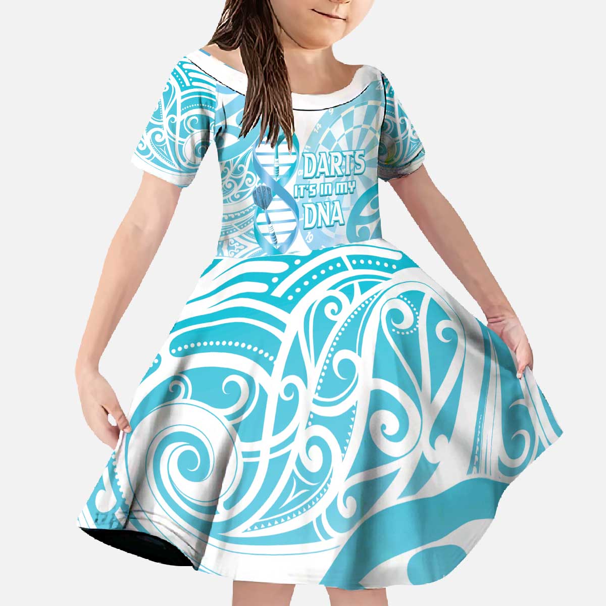 Personalised New Zealand Darts Family Matching Off The Shoulder Long Sleeve Dress and Hawaiian Shirt Aotearoa Maori Its In My DNA White LT14 Daughter's Dress White - Polynesian Pride