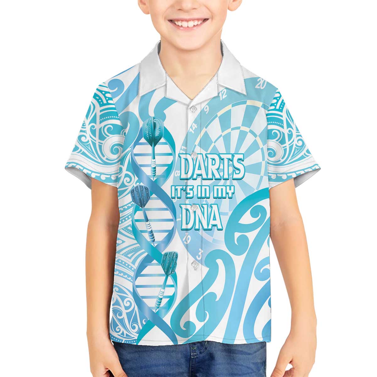 Personalised New Zealand Darts Family Matching Off The Shoulder Long Sleeve Dress and Hawaiian Shirt Aotearoa Maori Its In My DNA White LT14 Son's Shirt White - Polynesian Pride