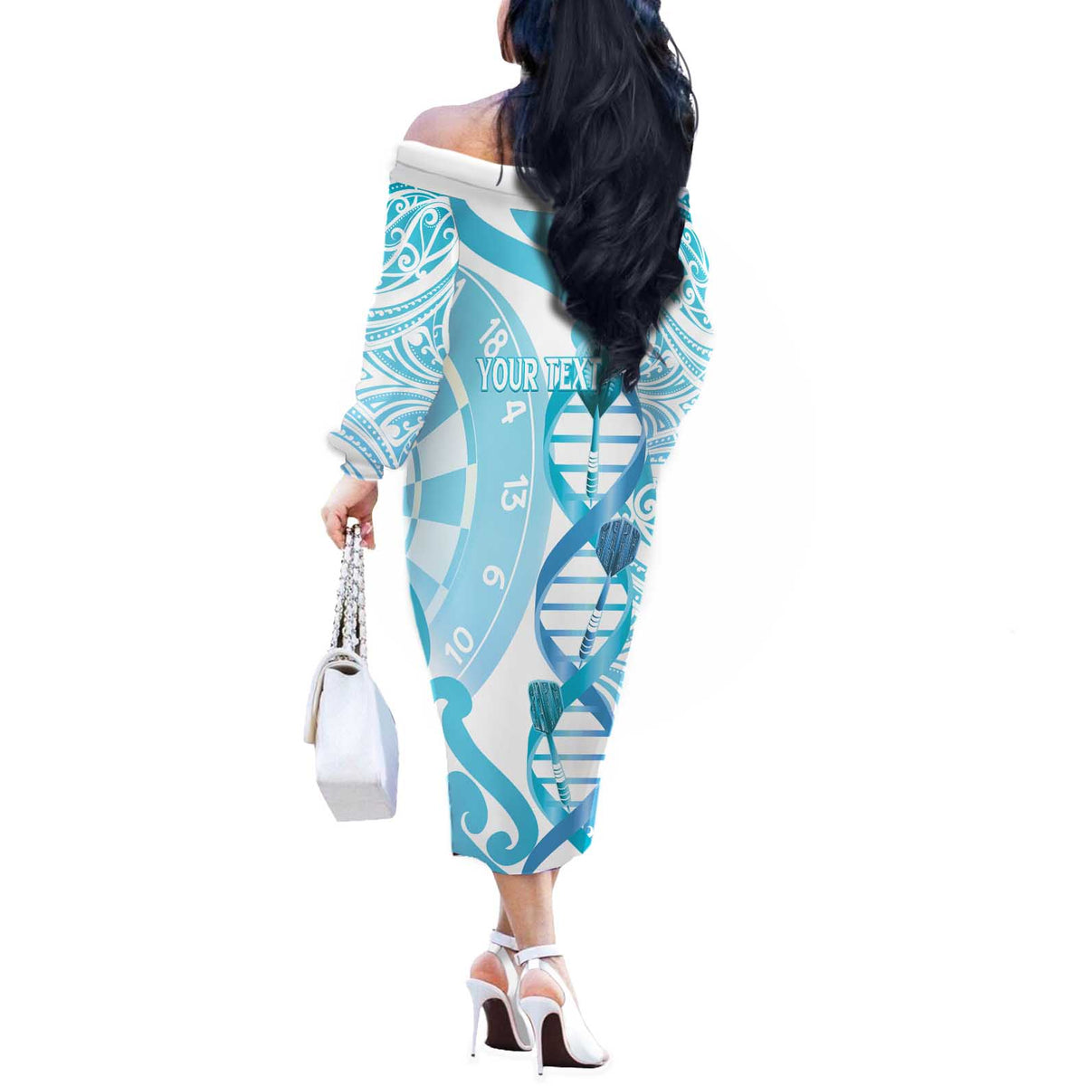 Personalised New Zealand Darts Off The Shoulder Long Sleeve Dress Aotearoa Maori Its In My DNA White - Polynesian Pride