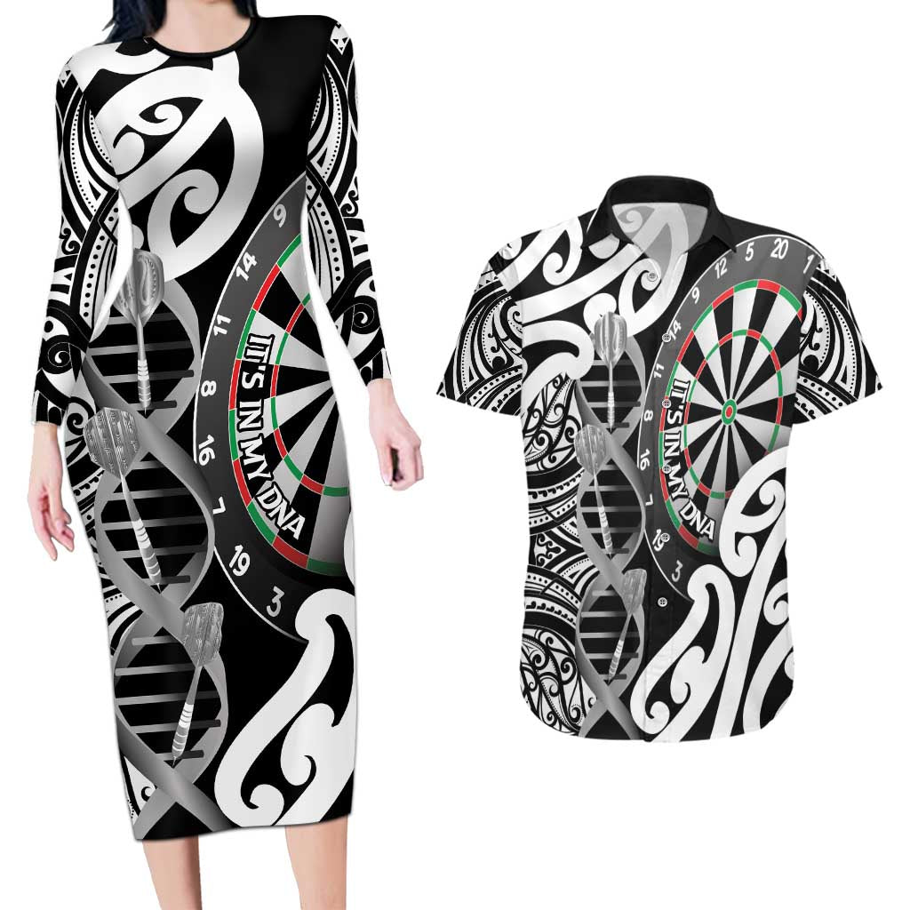 Personalised New Zealand Darts Couples Matching Long Sleeve Bodycon Dress and Hawaiian Shirt Aotearoa Maori Its In My DNA Black LT14 Black - Polynesian Pride