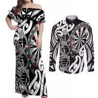 Personalised New Zealand Darts Couples Matching Off Shoulder Maxi Dress and Long Sleeve Button Shirt Aotearoa Maori Its In My DNA Black LT14 Black - Polynesian Pride