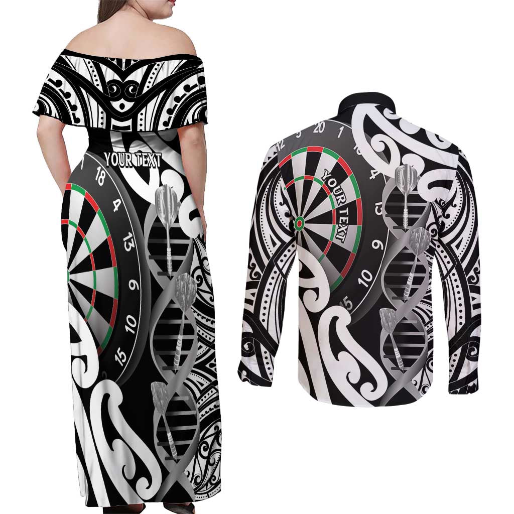 Personalised New Zealand Darts Couples Matching Off Shoulder Maxi Dress and Long Sleeve Button Shirt Aotearoa Maori Its In My DNA Black LT14 - Polynesian Pride