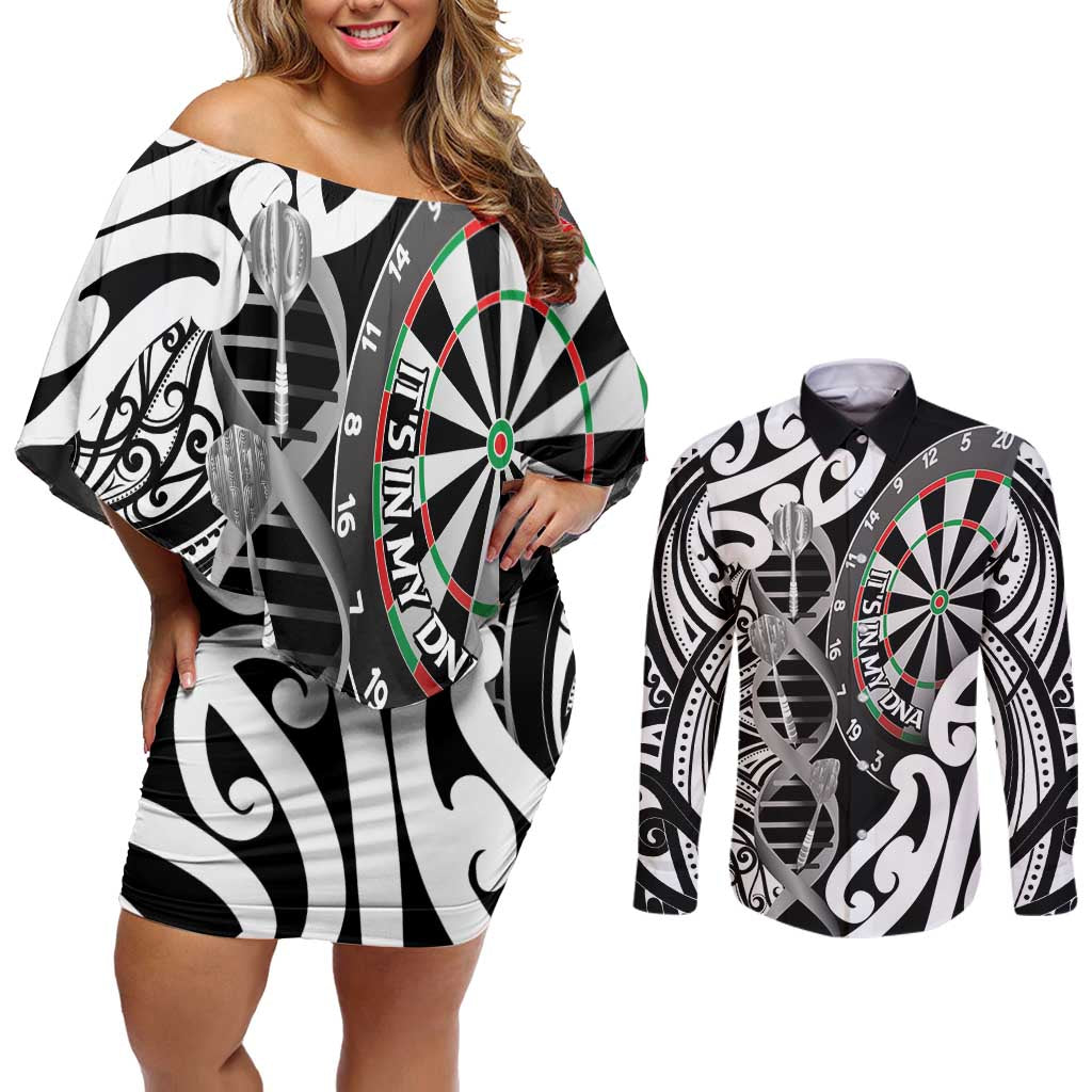 Personalised New Zealand Darts Couples Matching Off Shoulder Short Dress and Long Sleeve Button Shirt Aotearoa Maori Its In My DNA Black LT14 Black - Polynesian Pride