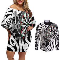 Personalised New Zealand Darts Couples Matching Off Shoulder Short Dress and Long Sleeve Button Shirt Aotearoa Maori Its In My DNA Black LT14 Black - Polynesian Pride