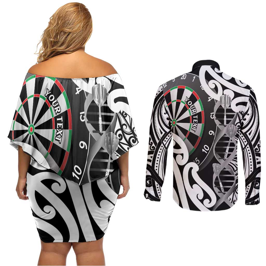Personalised New Zealand Darts Couples Matching Off Shoulder Short Dress and Long Sleeve Button Shirt Aotearoa Maori Its In My DNA Black LT14 - Polynesian Pride