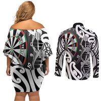 Personalised New Zealand Darts Couples Matching Off Shoulder Short Dress and Long Sleeve Button Shirt Aotearoa Maori Its In My DNA Black LT14 - Polynesian Pride