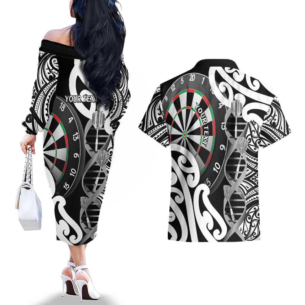 Personalised New Zealand Darts Couples Matching Off The Shoulder Long Sleeve Dress and Hawaiian Shirt Aotearoa Maori Its In My DNA Black LT14 - Polynesian Pride