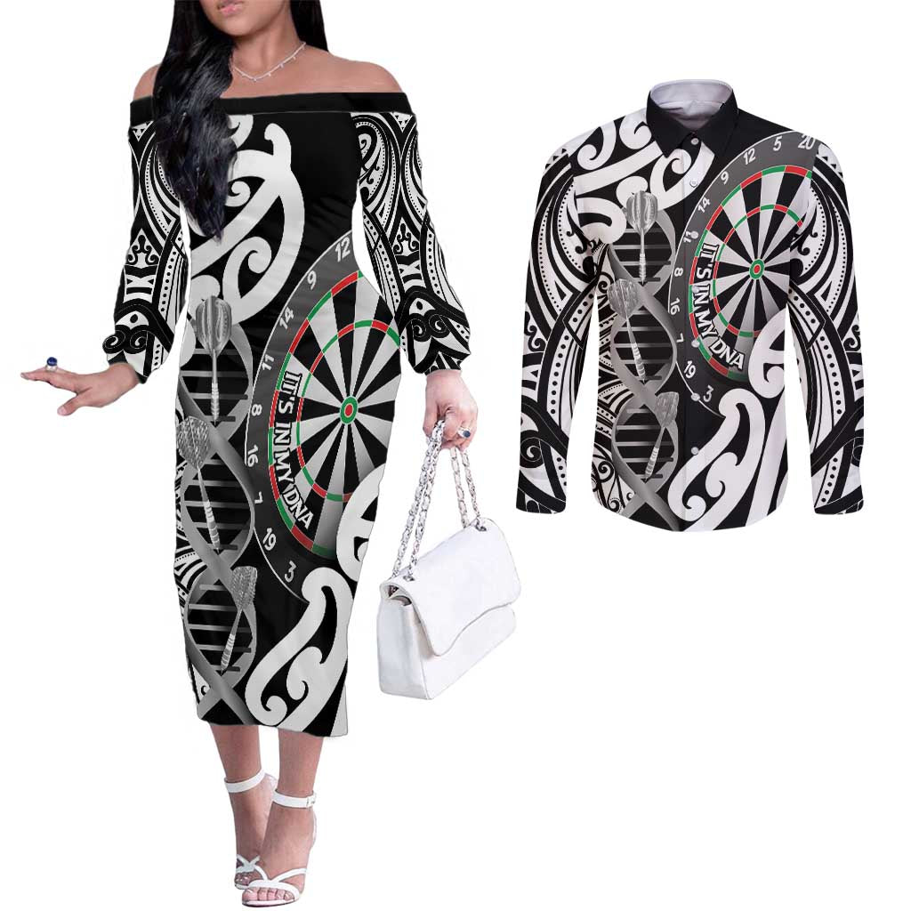 Personalised New Zealand Darts Couples Matching Off The Shoulder Long Sleeve Dress and Long Sleeve Button Shirt Aotearoa Maori Its In My DNA Black LT14 Black - Polynesian Pride