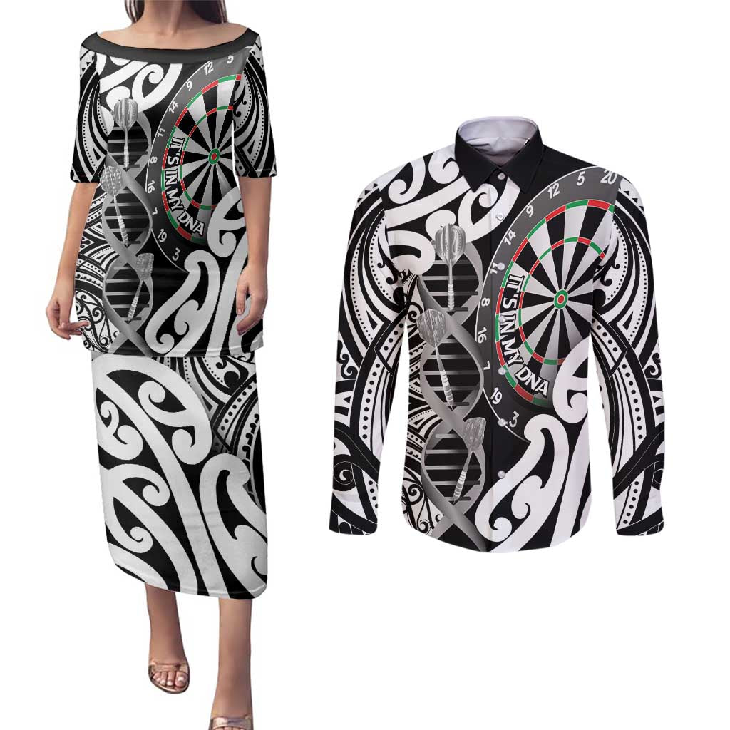 Personalised New Zealand Darts Couples Matching Puletasi and Long Sleeve Button Shirt Aotearoa Maori Its In My DNA Black - Polynesian Pride