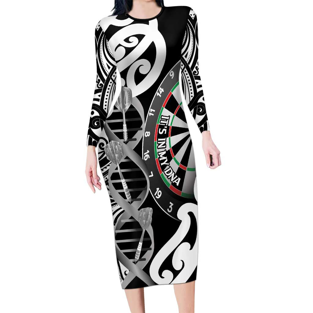 Personalised New Zealand Darts Family Matching Long Sleeve Bodycon Dress and Hawaiian Shirt Aotearoa Maori Its In My DNA Black LT14 Mom's Dress Black - Polynesian Pride