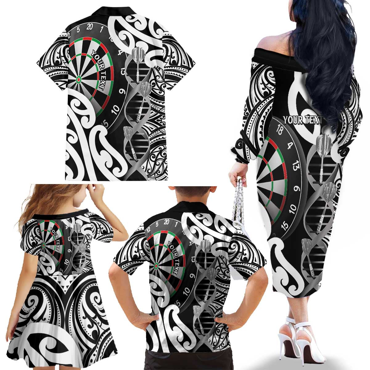 Personalised New Zealand Darts Family Matching Off The Shoulder Long Sleeve Dress and Hawaiian Shirt Aotearoa Maori Its In My DNA Black LT14 - Polynesian Pride