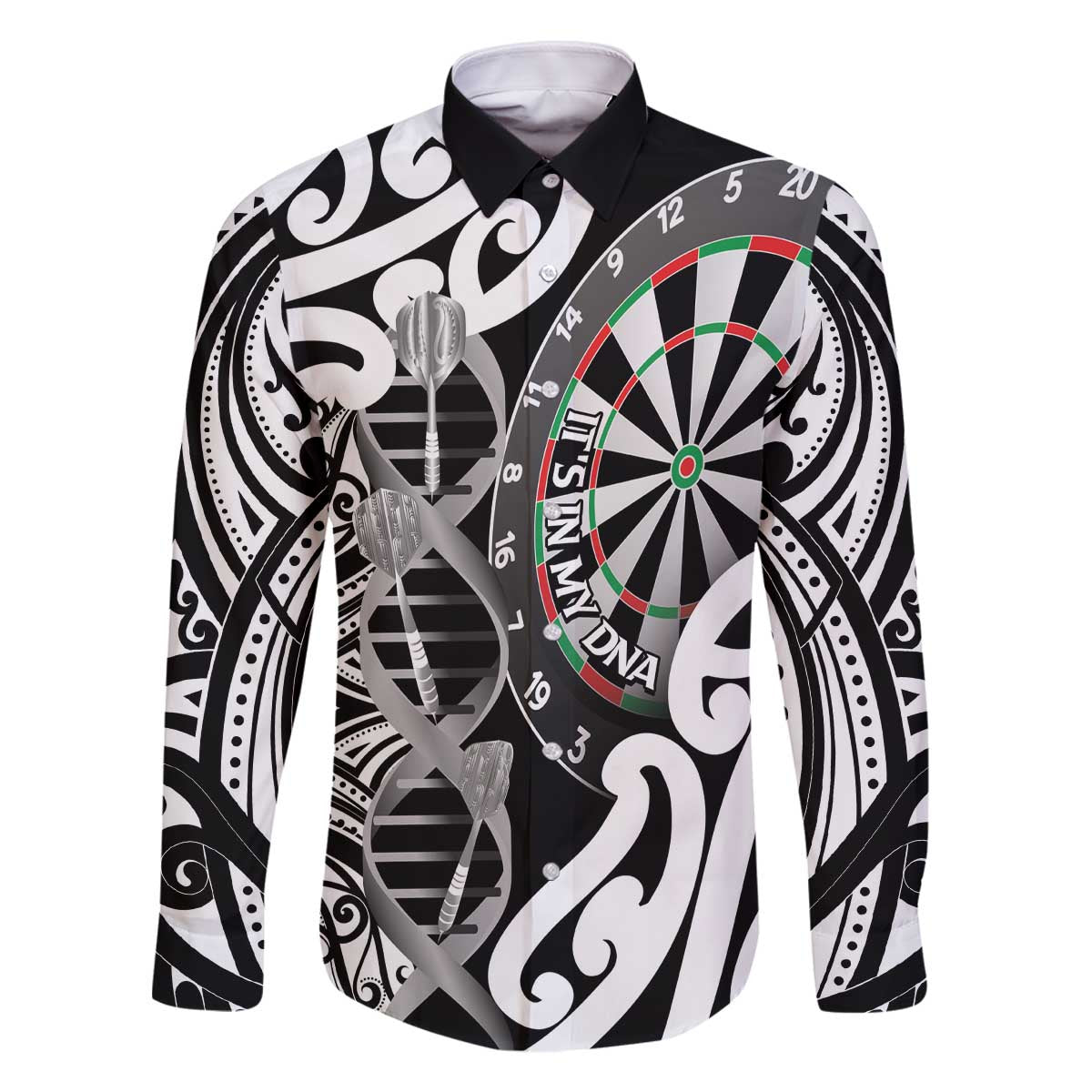 Personalised New Zealand Darts Family Matching Off The Shoulder Long Sleeve Dress and Hawaiian Shirt Aotearoa Maori Its In My DNA Black LT14 Dad's Shirt - Long Sleeve Black - Polynesian Pride