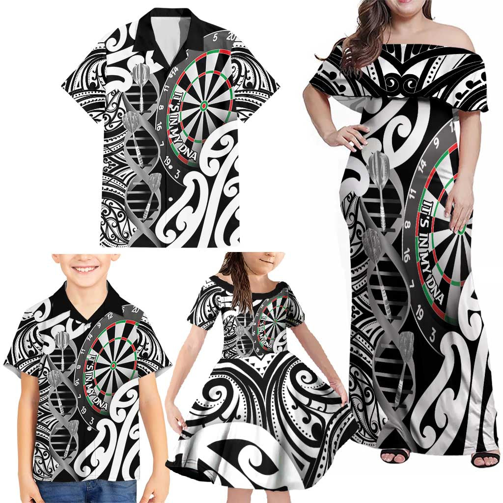Personalised New Zealand Darts Family Matching Off Shoulder Maxi Dress and Hawaiian Shirt Aotearoa Maori Its In My DNA Black LT14 - Polynesian Pride