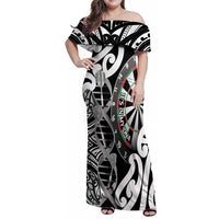 Personalised New Zealand Darts Family Matching Off Shoulder Maxi Dress and Hawaiian Shirt Aotearoa Maori Its In My DNA Black LT14 Mom's Dress Black - Polynesian Pride