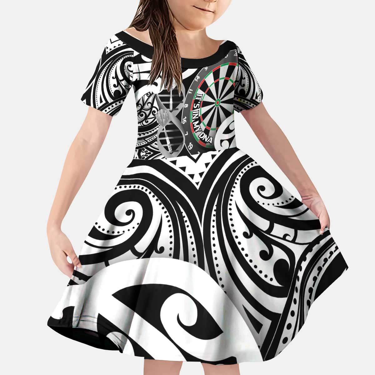 Personalised New Zealand Darts Kid Short Sleeve Dress Aotearoa Maori Its In My DNA Black - Polynesian Pride