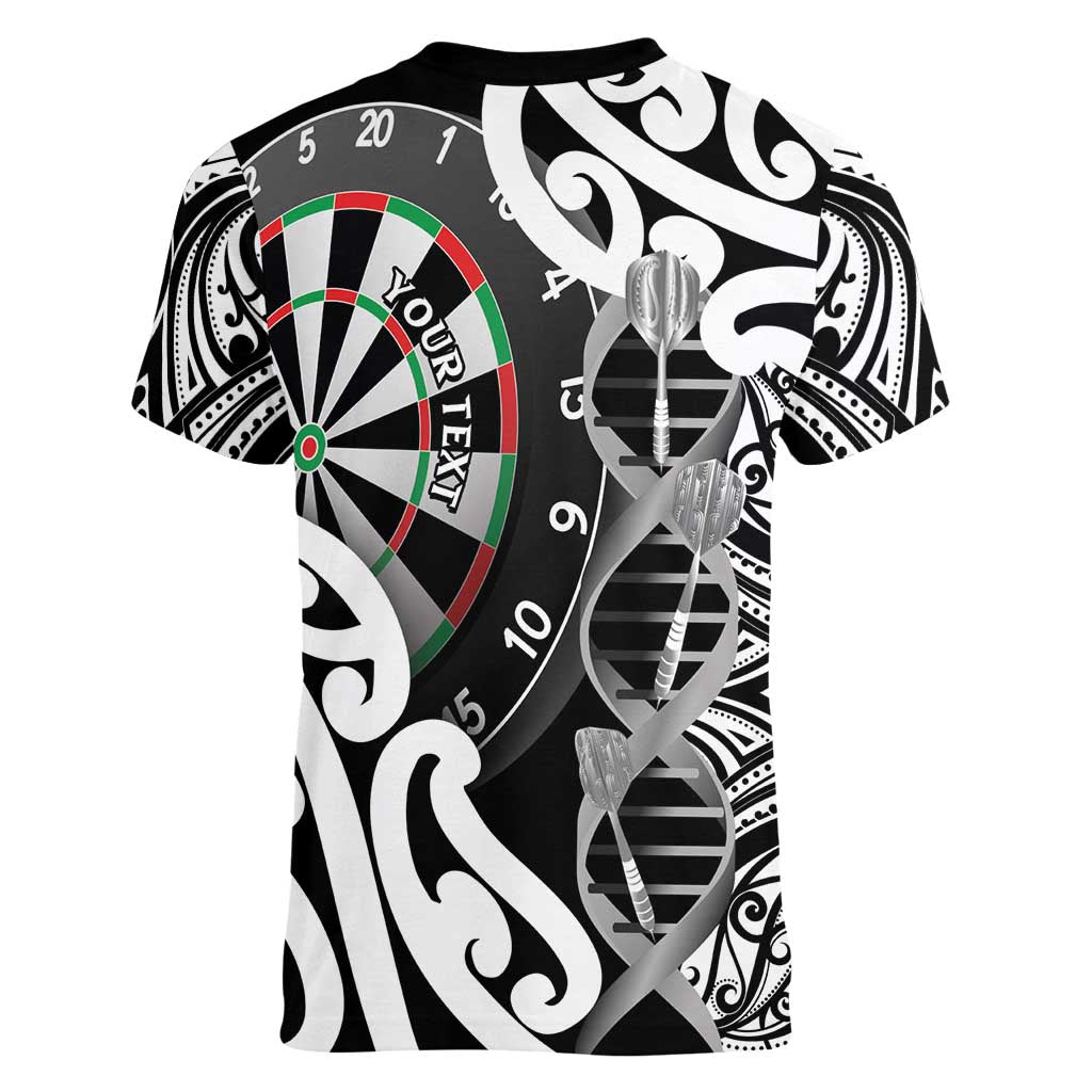 Personalised New Zealand Darts Women V-Neck T-Shirt Aotearoa Maori Its In My DNA Black - Polynesian Pride