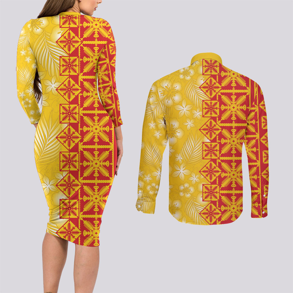 Kahili Quilt Hawaii Couples Matching Long Sleeve Bodycon Dress and Long Sleeve Button Shirt Tropical Flower Seamless Half Style