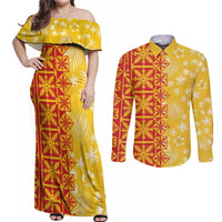 Kahili Quilt Hawaii Couples Matching Off Shoulder Maxi Dress and Long Sleeve Button Shirt Tropical Flower Seamless Half Style