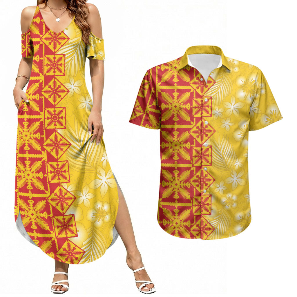 Kahili Quilt Hawaii Couples Matching Summer Maxi Dress and Hawaiian Shirt Tropical Flower Seamless Half Style LT14 Yellow - Polynesian Pride
