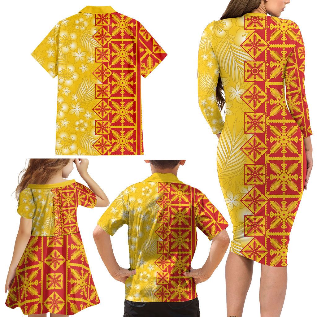 Kahili Quilt Hawaii Family Matching Long Sleeve Bodycon Dress and Hawaiian Shirt Tropical Flower Seamless Half Style LT14 - Polynesian Pride