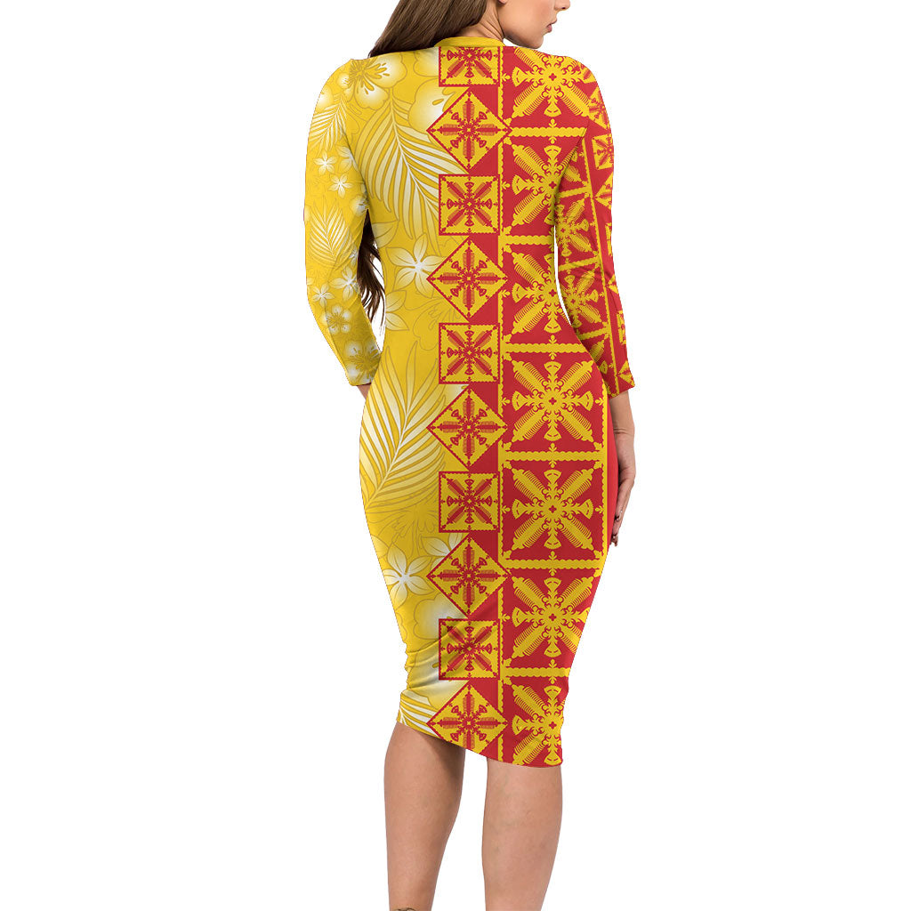 Kahili Quilt Hawaii Family Matching Long Sleeve Bodycon Dress and Hawaiian Shirt Tropical Flower Seamless Half Style LT14 - Polynesian Pride