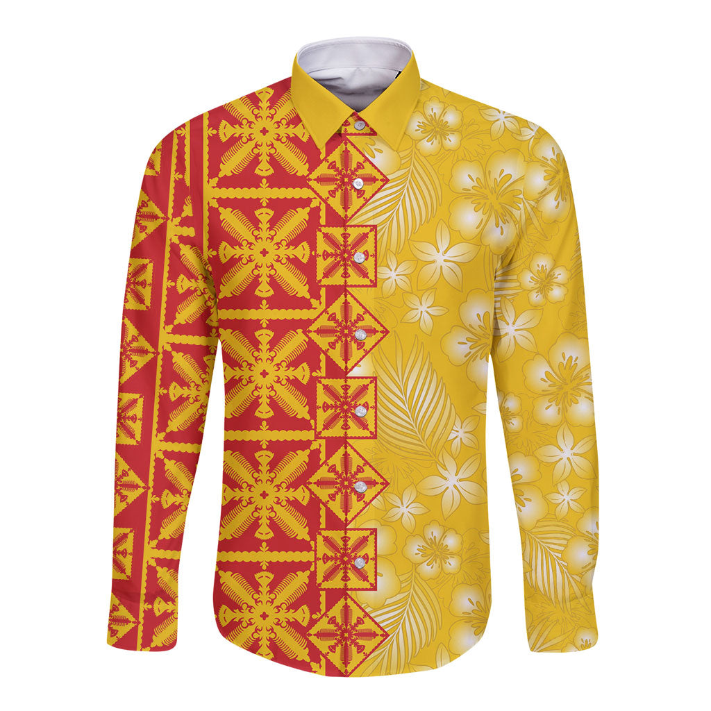 Kahili Quilt Hawaii Long Sleeve Button Shirt Tropical Flower Seamless Half Style
