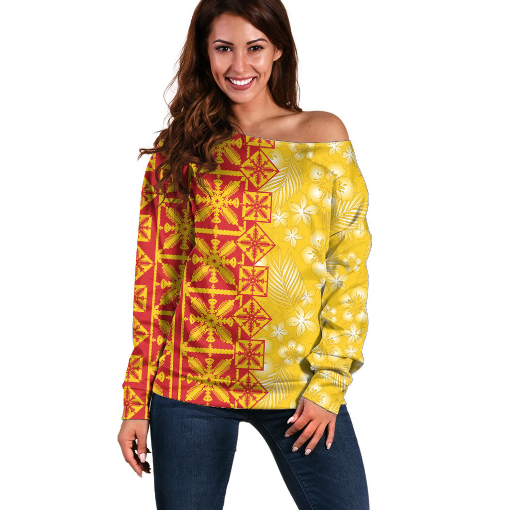 Kahili Quilt Hawaii Off Shoulder Sweater Tropical Flower Seamless Half Style LT14 Women Yellow - Polynesian Pride