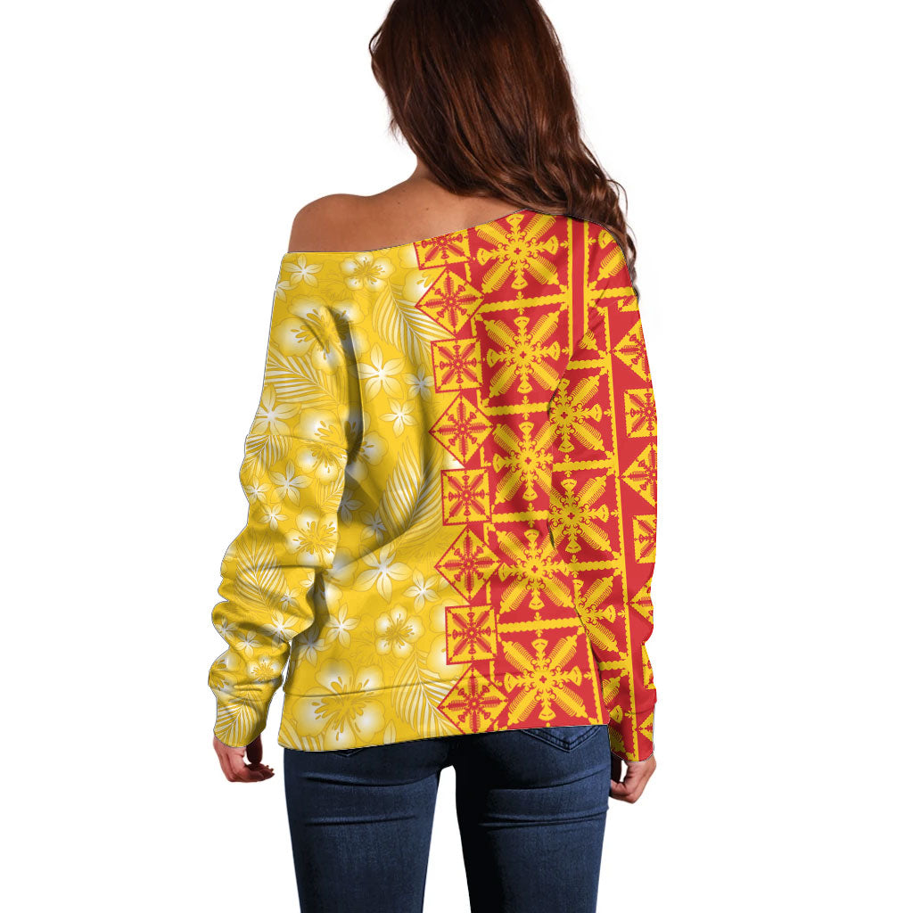 Kahili Quilt Hawaii Off Shoulder Sweater Tropical Flower Seamless Half Style LT14 - Polynesian Pride